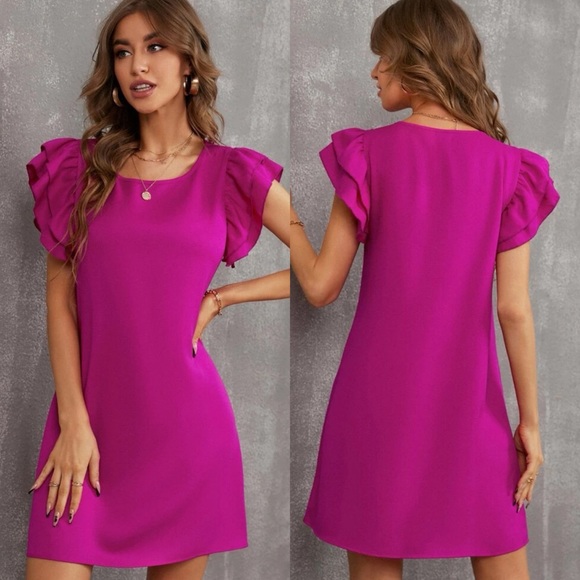 Ruffle frill layered short sleeve tunic dress business casual cocktail baby blue - Picture 8 of 11